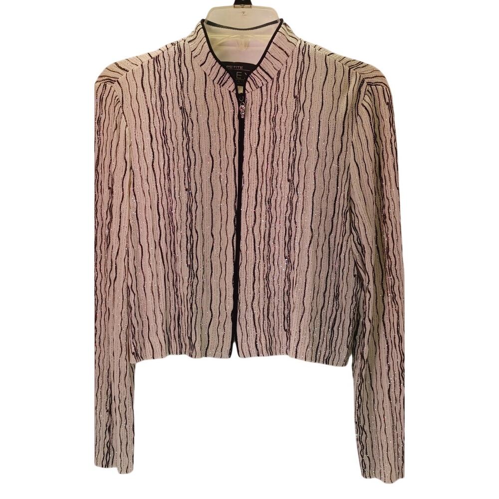 Alex Evenings Women's 10P Black White Shimmer Sparkle Zip Front Evening Jacket
